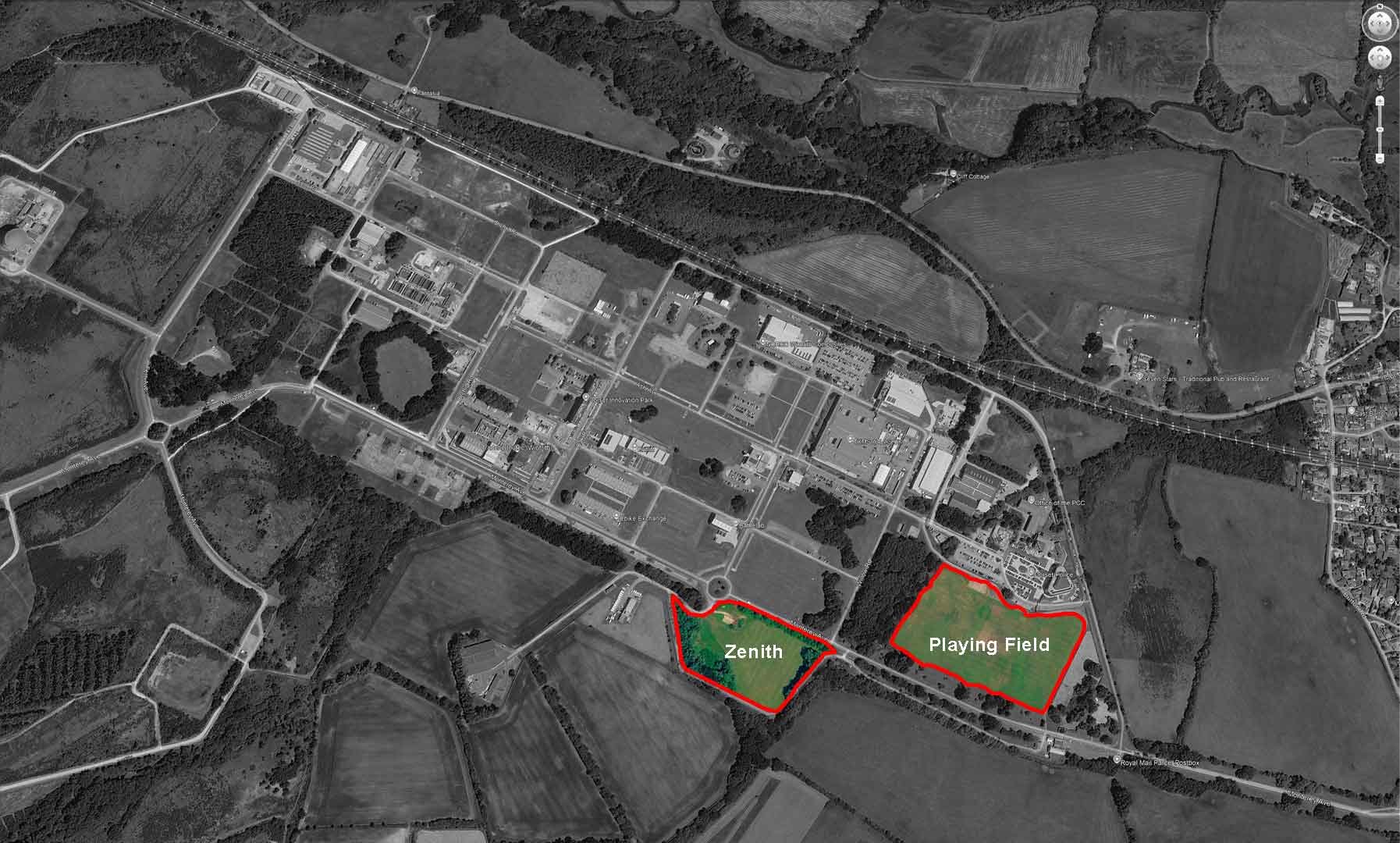 Aerial map of Dorset Innovation Park showing the Zenith and Playing Field drone flying areas